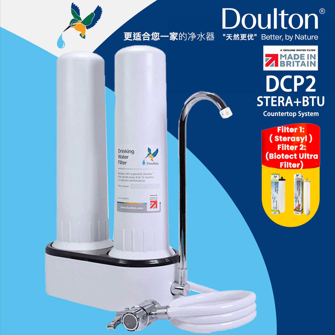 Doulton DCP2 (Sterasyl + Biotect Ultra) Drinking Water Purifier: The Ultimate Dual Countertop System for Precision Filtration, Proudly Made in Britain Since 1826!