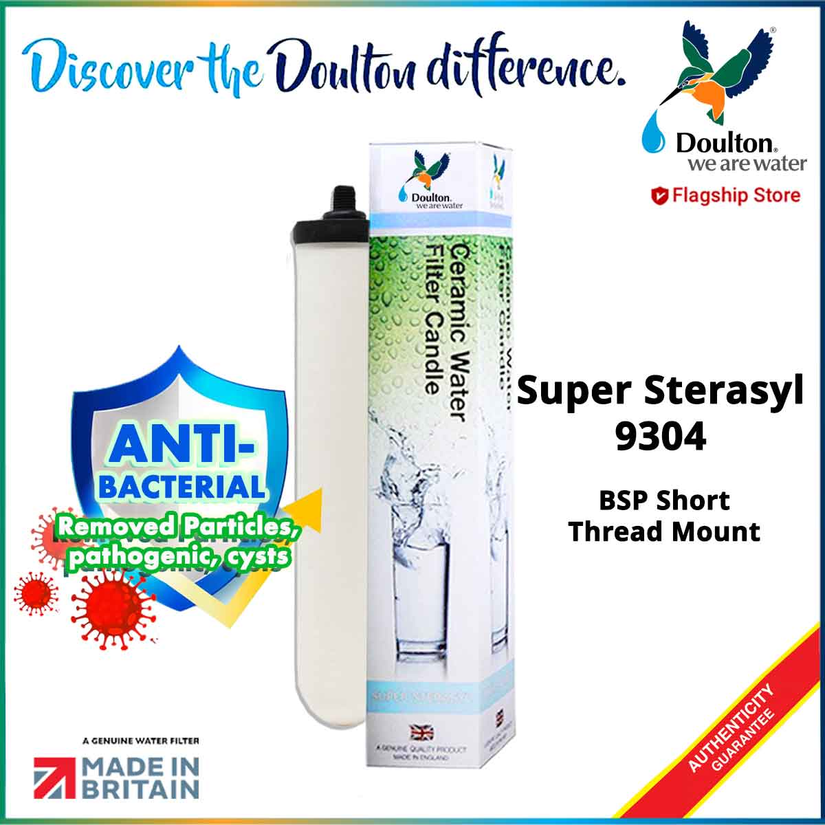 Doulton Super Sterasyl 9304 Ceramic Water Filter Candle (BSP Short Thread Mount) / with SS101 Push Fit Housing
